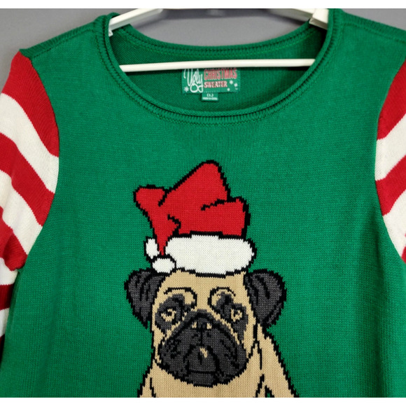 Ugly Christmas Sweater Womens Large Green Pug Santa Hat Striped Sleeves - Picture 3 of 13